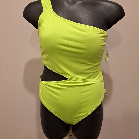 Michael Kors Limeade Color One Shoulder Cutout One Piece Swimsuit - Picture 2 of 11